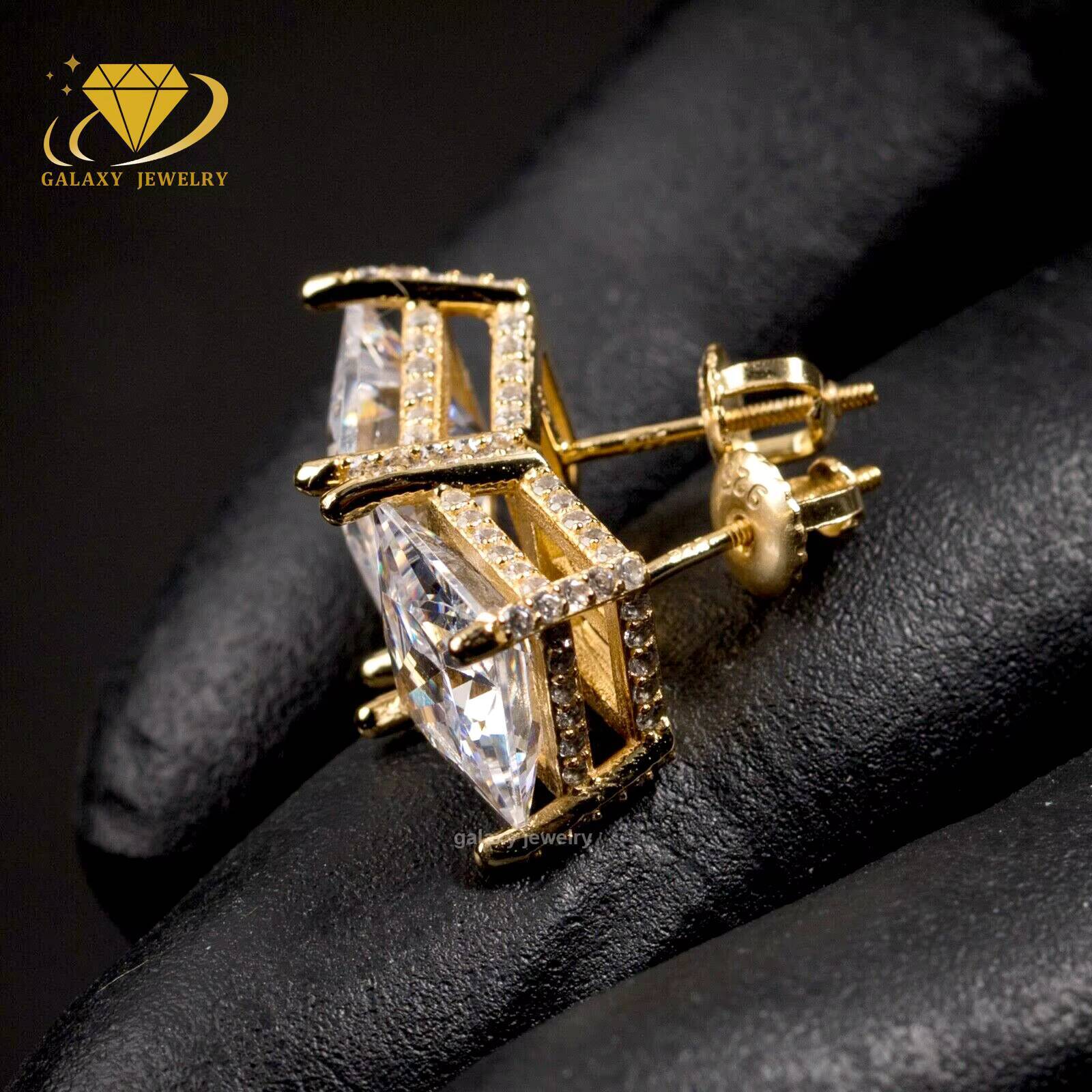 Full Iced Out Mens Large Square Studs Princess Cut Vvs Moissanite Diamond Gold Plated 925 Sterling Silver Hip Hop Earrings