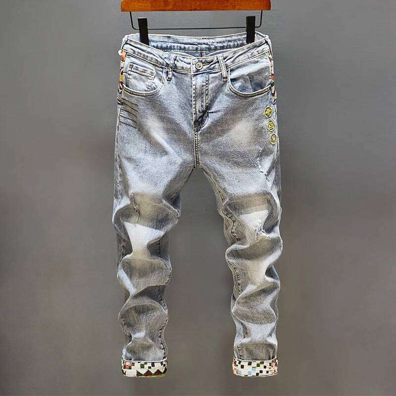 ing Embroidered Printed Jeans Men's Cool Smart Street Fashion Design Pattern Slim Fit Feet High-End Washed Trousers