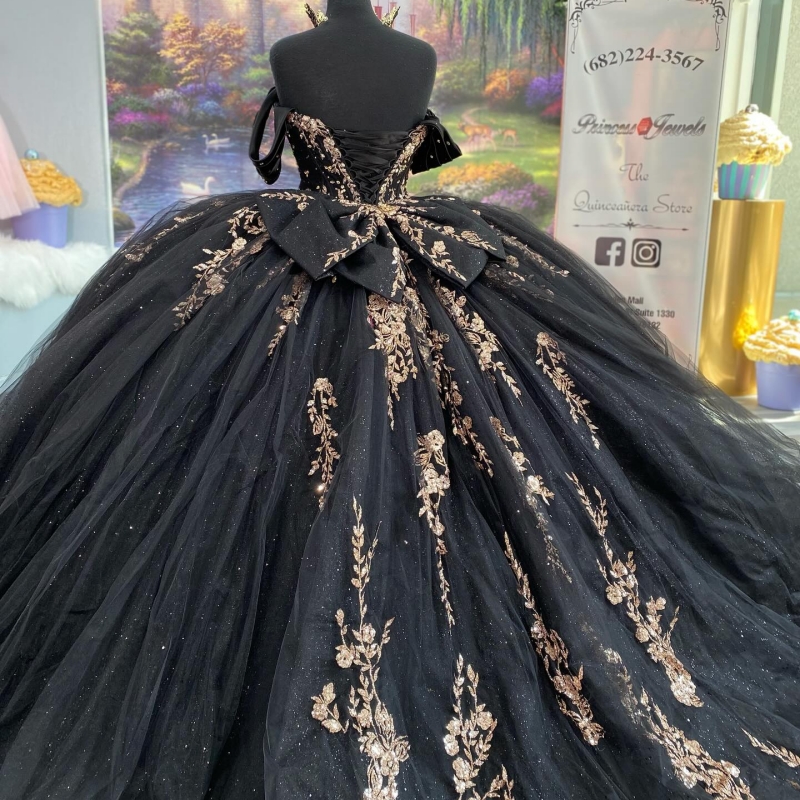 Black Shiny Princess Sweet 16 Dress Quinceanera Dresses Applique Beads Bow Tull Party Birthday Vestido De 15 Anos Ball Gowns