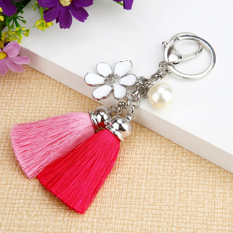 Cloth flower key Ring Chiffon tassel car chains Lady couple bag fashion charm keychain Party Gift K2029 250811