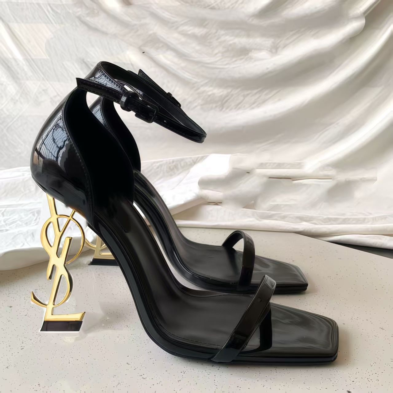 High heels designer shoes elegant luxury black sloping hollow buckle heel height increasing slimming professional temperament shoes paired skirts lady