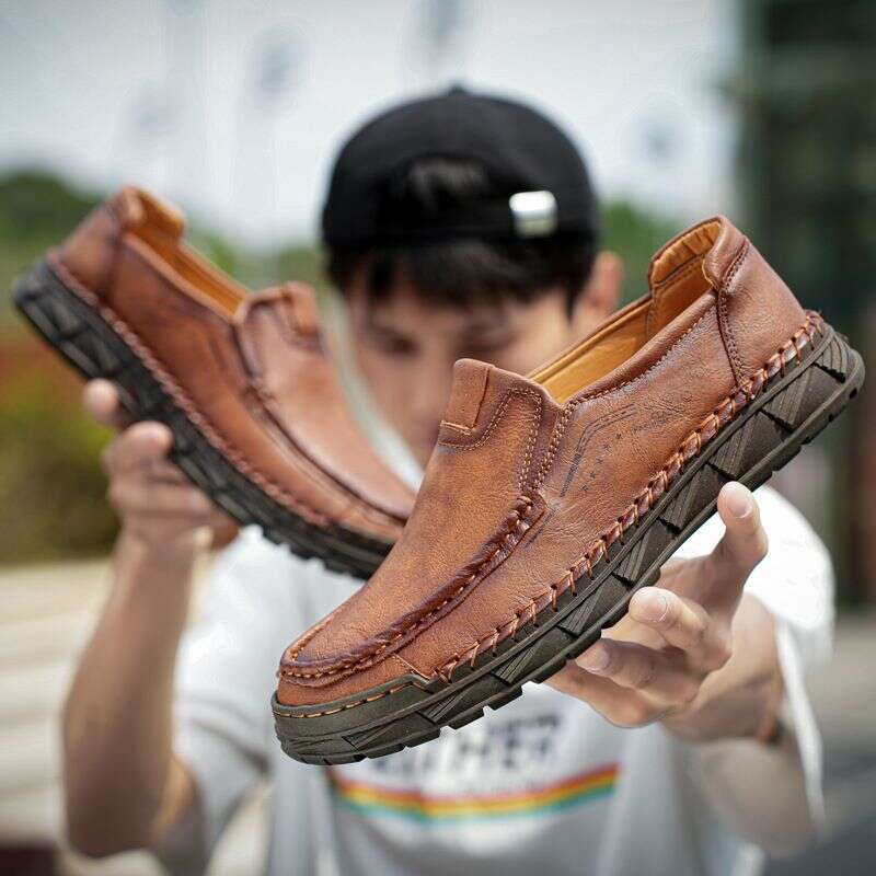 Large Size Men's Casual Leather Cowhide Bean Shoes, Hand Sewn Loafers, And Shoe Covers