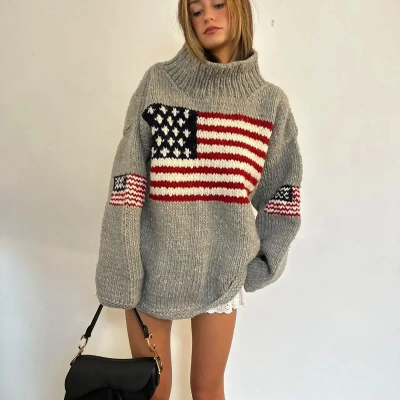 Retro Womens US Flag Long sleeved Pullover Sweater Knitted High Neck Large Y2K Sweater Retro Sweater Warm 250808