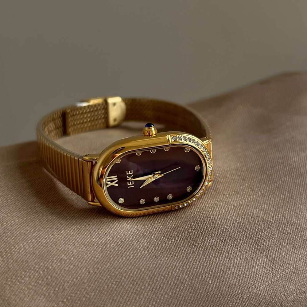 Designer Vintage Style Oval Women's Red Diamond-Studded Niche Light Luxury for Women High-End Metal Strap Ladies' Watch