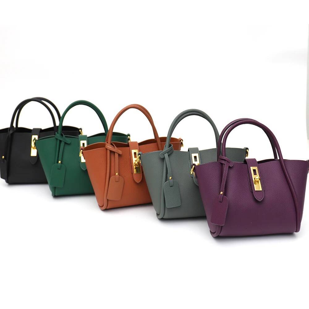 SC Fashion Women Genuine Leather Top-Handle Bags Twist Lock Bucket Tote Handbags Ladies Cross Body Shoulder Purses Chic