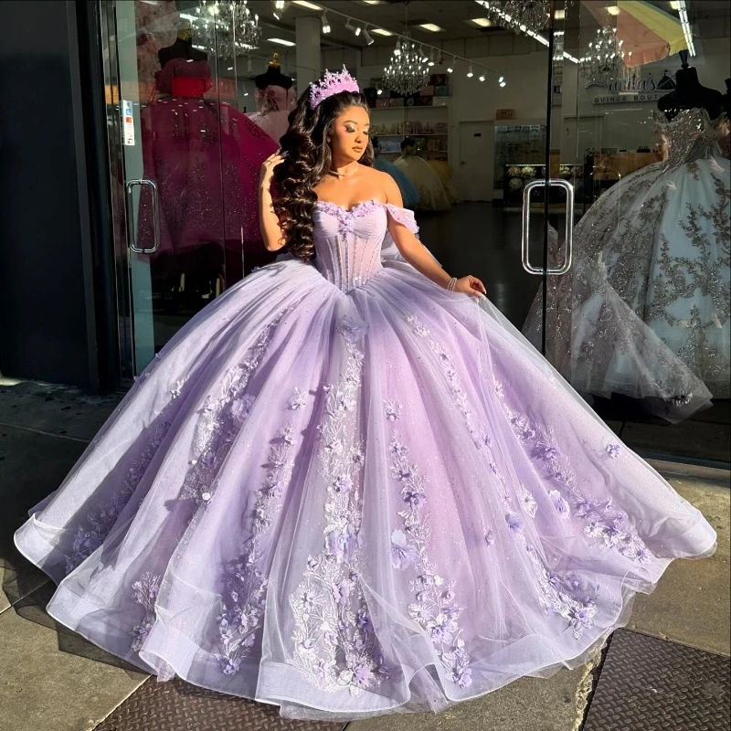 Light Lilac Shiny Princess Sweet 16 Dress Quinceanera Dresses Applique Flower Beads Bow Tull Corset Party Birthday Vestido De 15 Anos