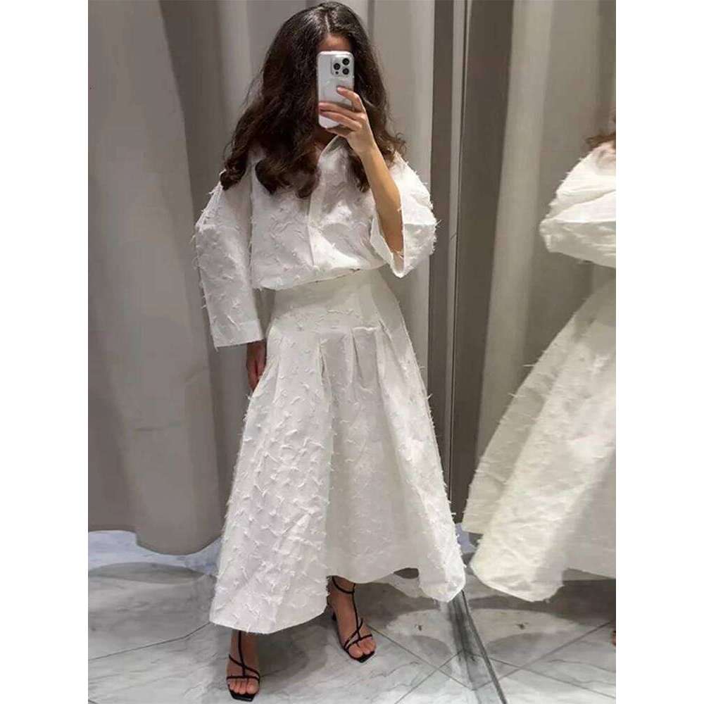 Elegant Fringes Shirt Skirt Set Women Half Sleeve Lapel Single Breasted Shirts A-line Long Skirts Suit Summer Lady Sets