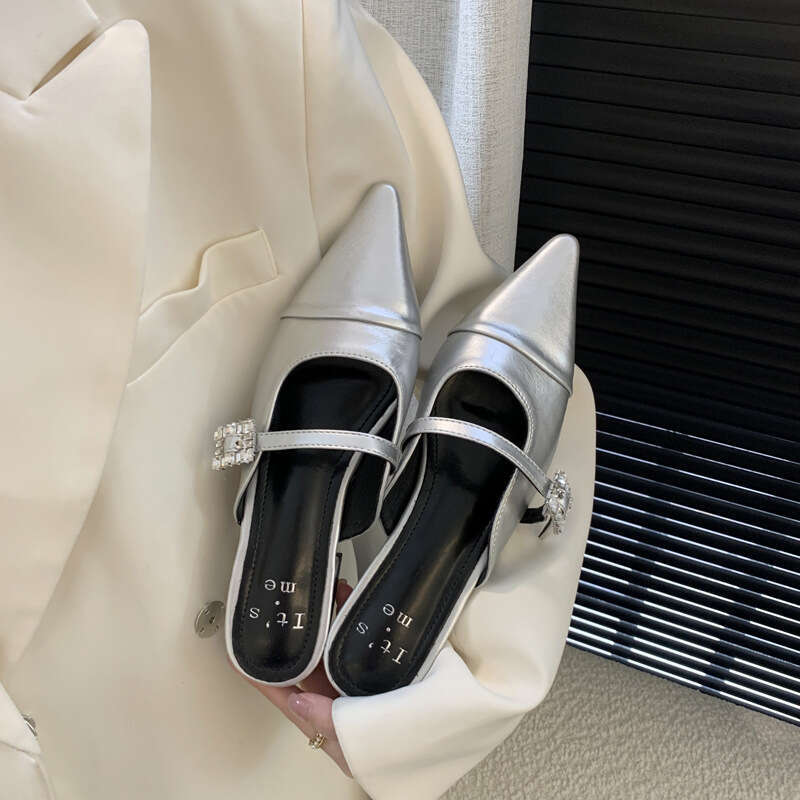 2025 Spring/Summer One-Strap Rhinestone Buckle Single Tote Open Back Pointed Fairy Fashion Closed-Toe Half Slippers Flat Shoes