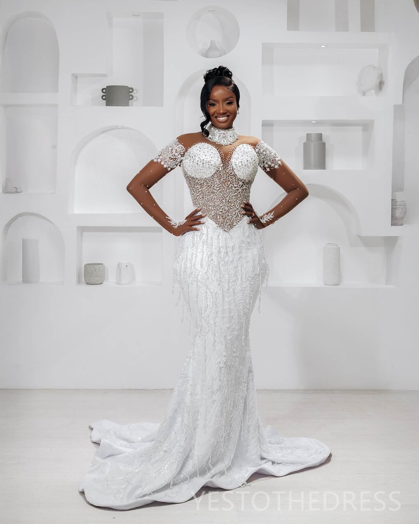 2025 Mermaid Aso Ebi Off White African Wedding Dress Bridal Gowns For Bride High Neck Beaded Lace Tassel Crystals Tiered Tulle Wedding Gowns For Black