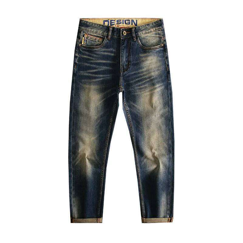 High end retro light jeans for men's casual, versatile, washed, elastic, slim fit, small straight leg, classic and trendy