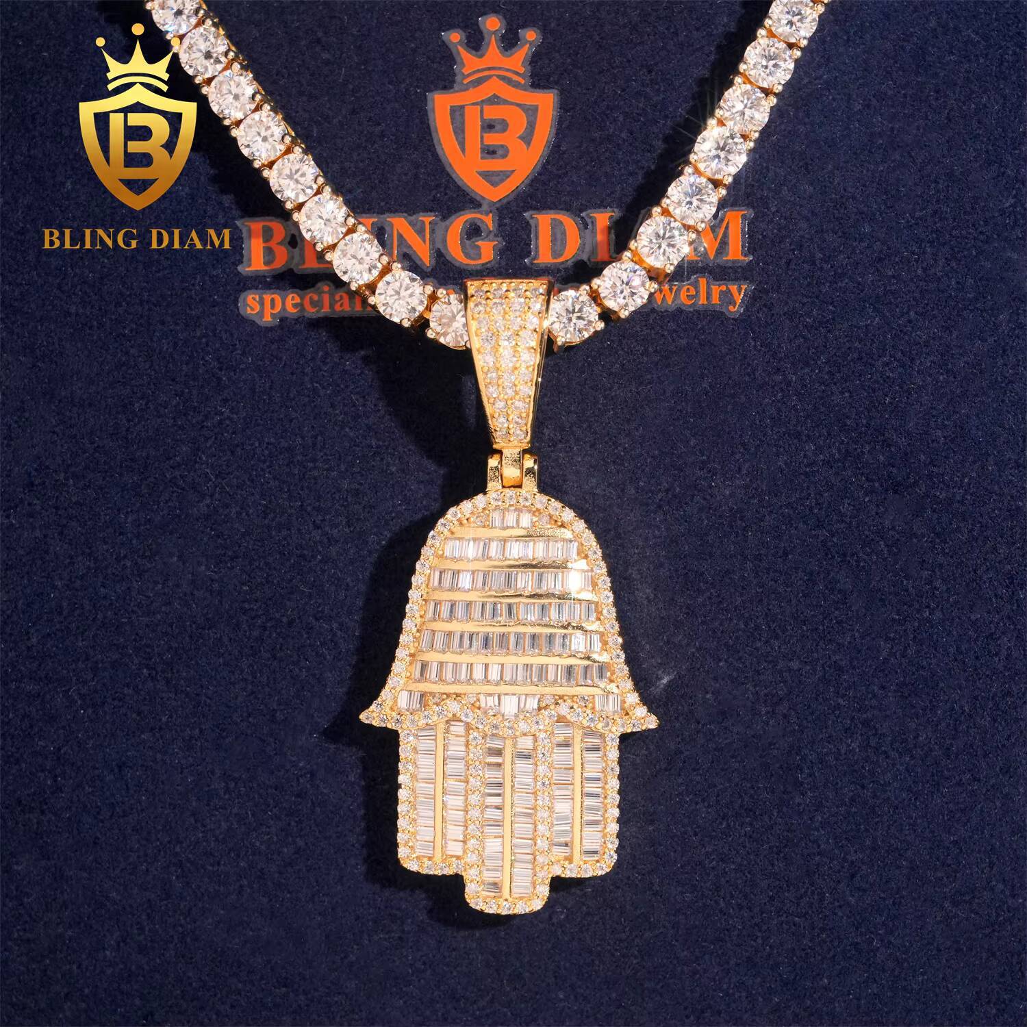 Wholesale Price Hip Hop Hamsa Pendant Solid 925 Silver Moissanite Jewelry 3 Color Iced Out Pendant Baguette Cut