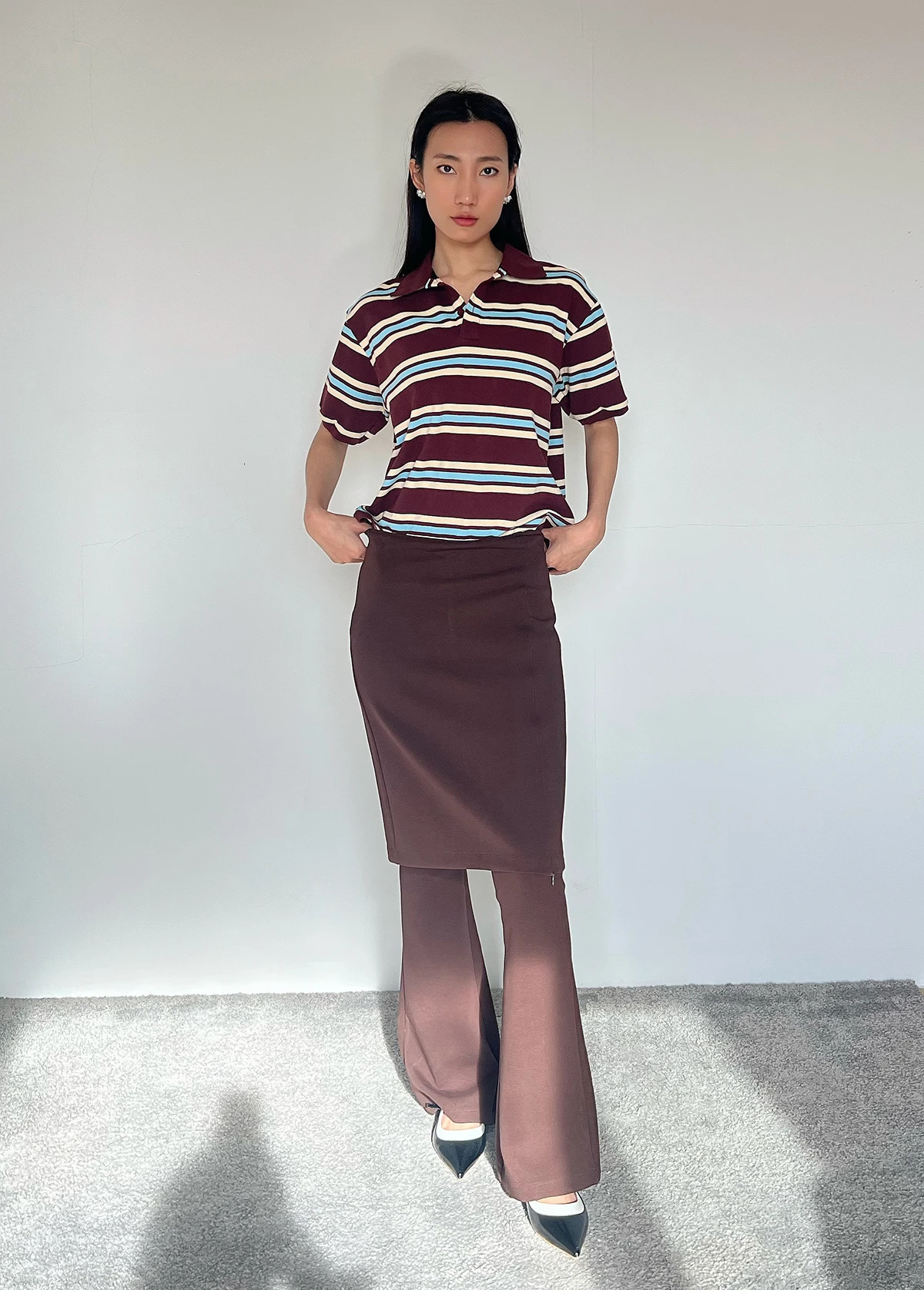 Summer Vintage Polo Shirts Woman Long Sleeve Crop Top Women Brown Stripe Streetwear Casual Tops Loose Mujeres 250814