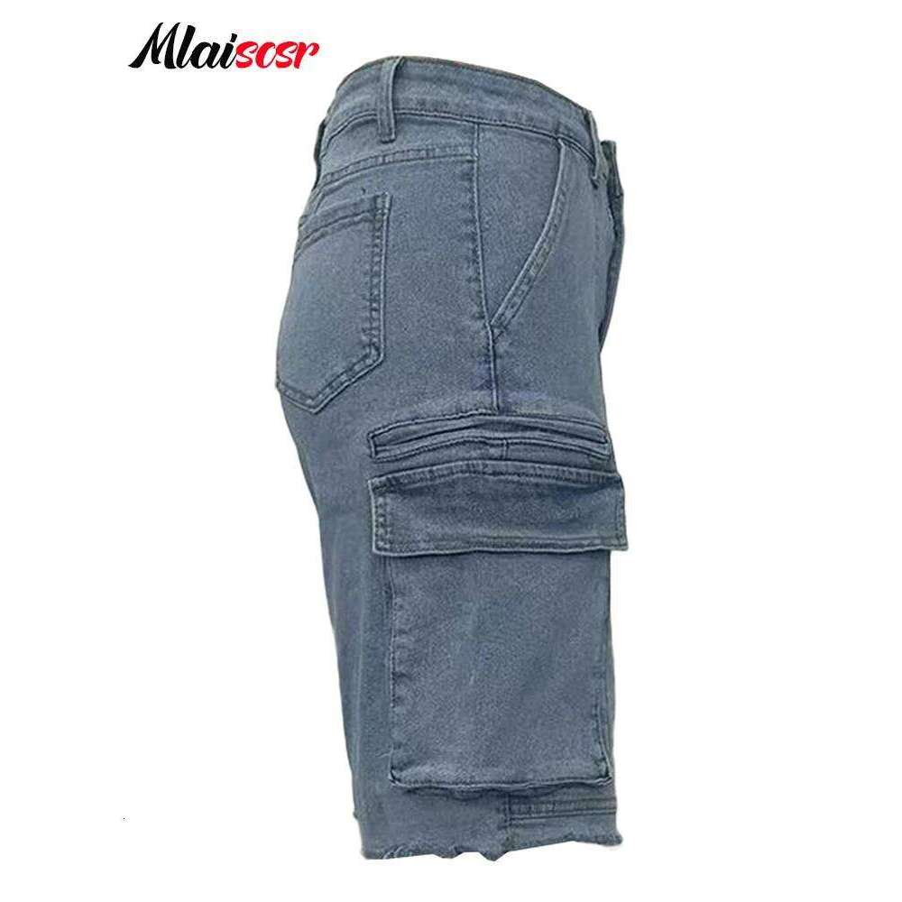 Mlaiscsr Summer Blue Denim Knee Length Shorts Women Pocket Side Straight Cargo Jeans Streetwear Bermuda Short Pants Dungarees
