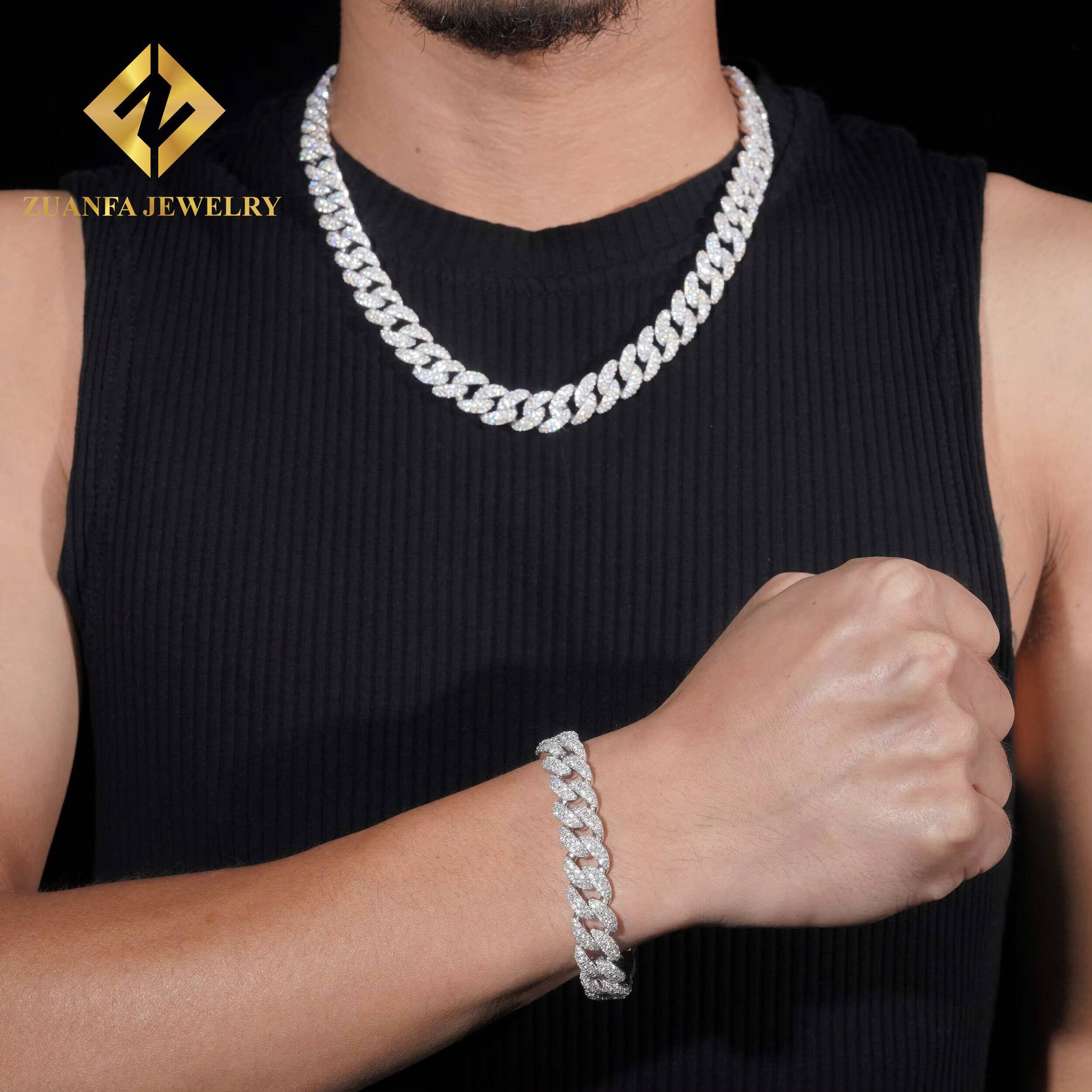 Hip Hop Men Rock Cuban Chain 925 Silver 12MM Width Iced Out VVS Moissanite Diamond Cuban Link Chain Pass Diamond Tester