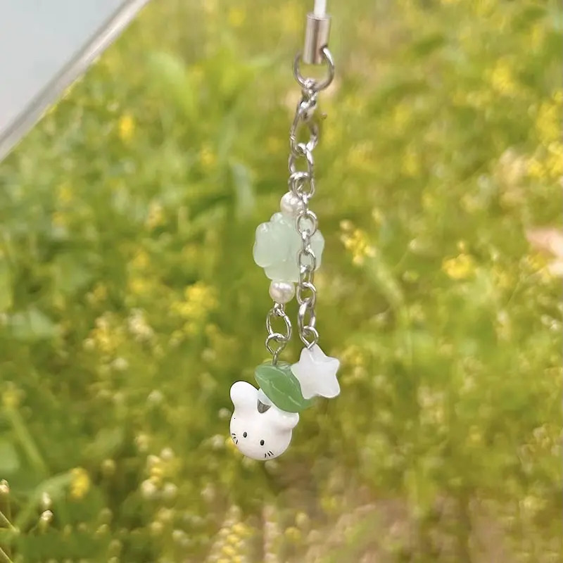 Handmade four leaf clover beaded phone charm y2k cute cat keychain 250804
