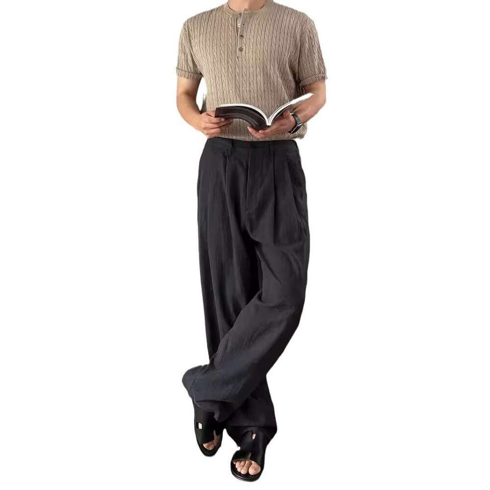 Army Green Linen Casual Long Pants For Men Summer New High-End Versatile Loose Straight Wide-Leg Trousers B5