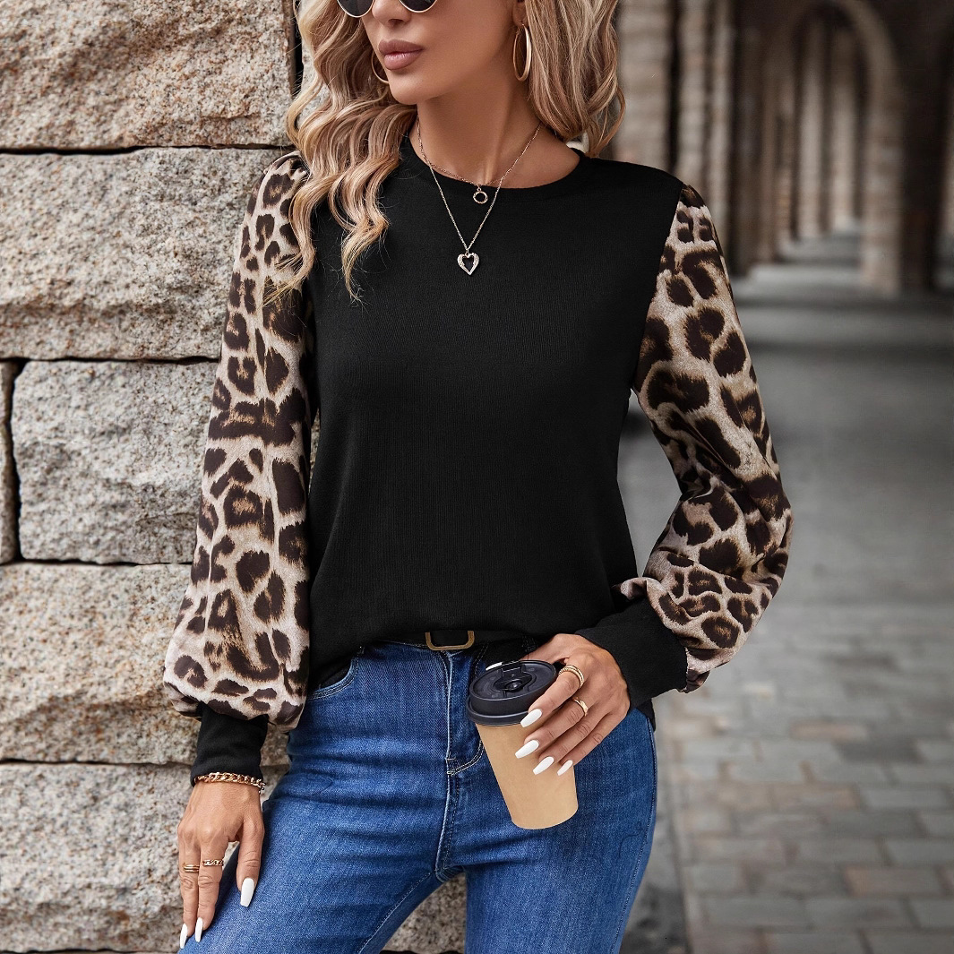 Women's Autumn and Winter New Long-sleeved Round Neck Stitching T-shirt Tops