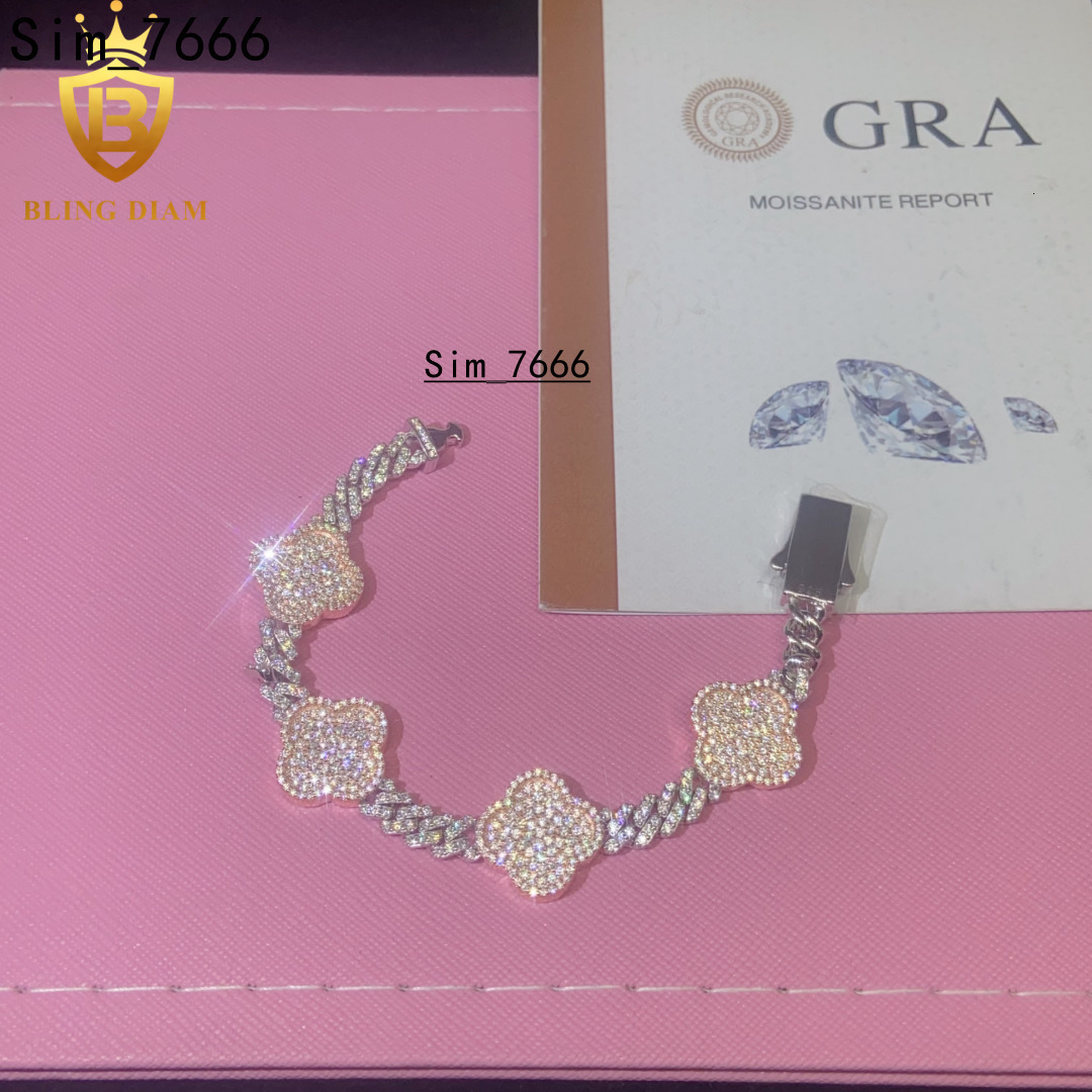 Four Leaf Clover 6mm 925 Sterling Silver Chain Moissanite Cuban Bracelet Men Women Hip Hop Style Pass Diamond Tester with GRA