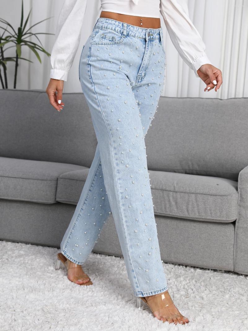 Women's Jeans Women Straight-Leg Denim With Fashion Faux Pearl Detail Casual Style Non-Stretch Light Blue Mid-waist Pants