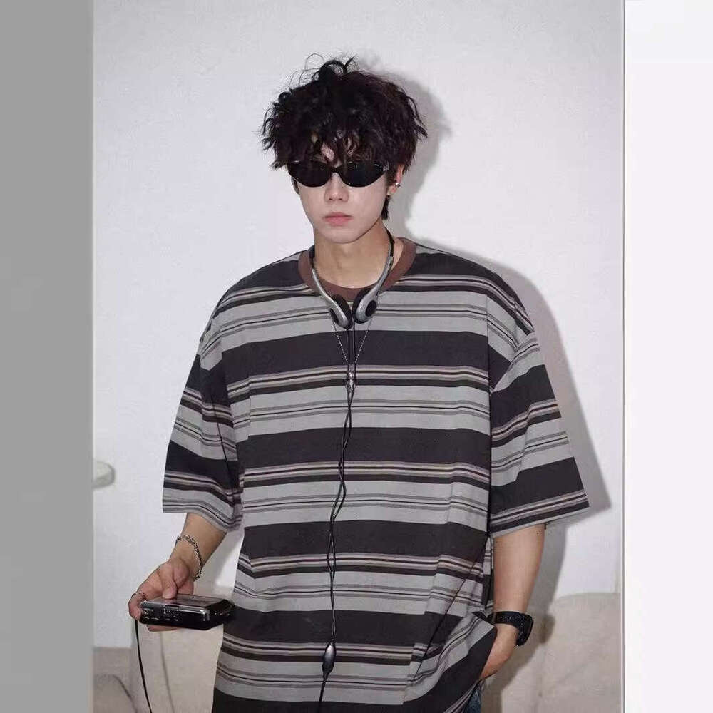 Striped Short Sleeve T-Shirt For Men Summer Boys Teenagers Loose Fit Pure Cotton Design Top Trendy B5