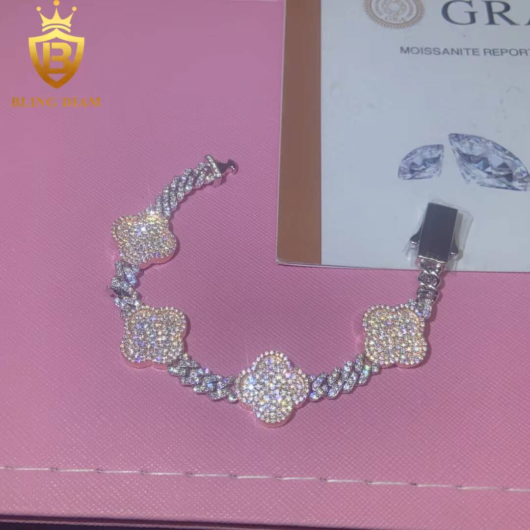 Four Leaf Clover 6mm 925 Sterling Silver Chain Moissanite Cuban Bracelet Men Women Hip Hop Style Pass Diamond Tester with GRA