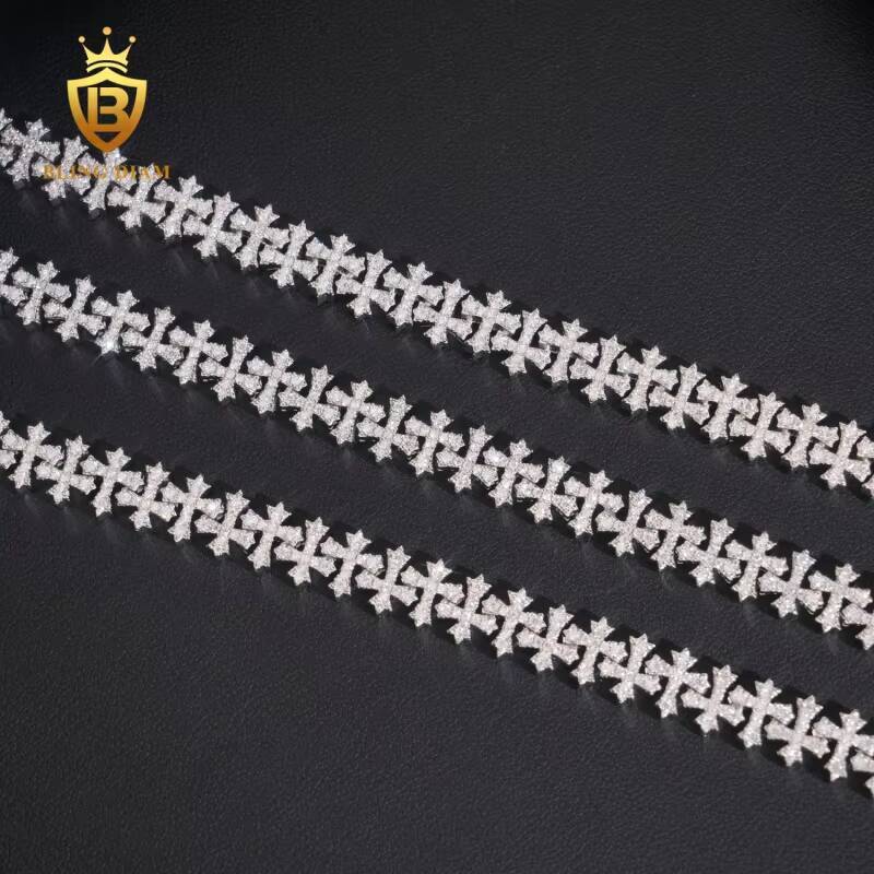 Fashion 8.5mm Cuban Moissanite Chain Pass Diamond Tester VVS Moissanite Cross Necklace 925 Sterling Silver Past Diamond Test GRA