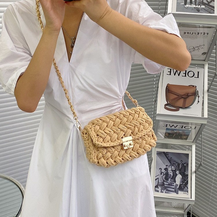 Fashion Colorful Crochet Women Handbags Tassel Thick Rope Woven Shoulder Crossbody Bags Knitted Small Flap Female Purses R240824