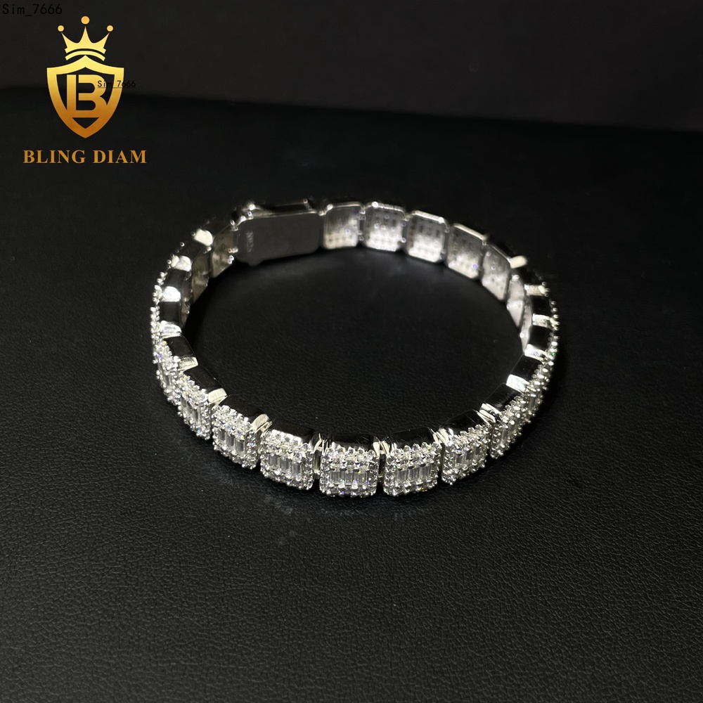 New Style Fashion 9mm Luxury Iced Out Hip Hop Jewelry 925 Sterling Silver Baguette Cluster Tennis Chain Bracelet