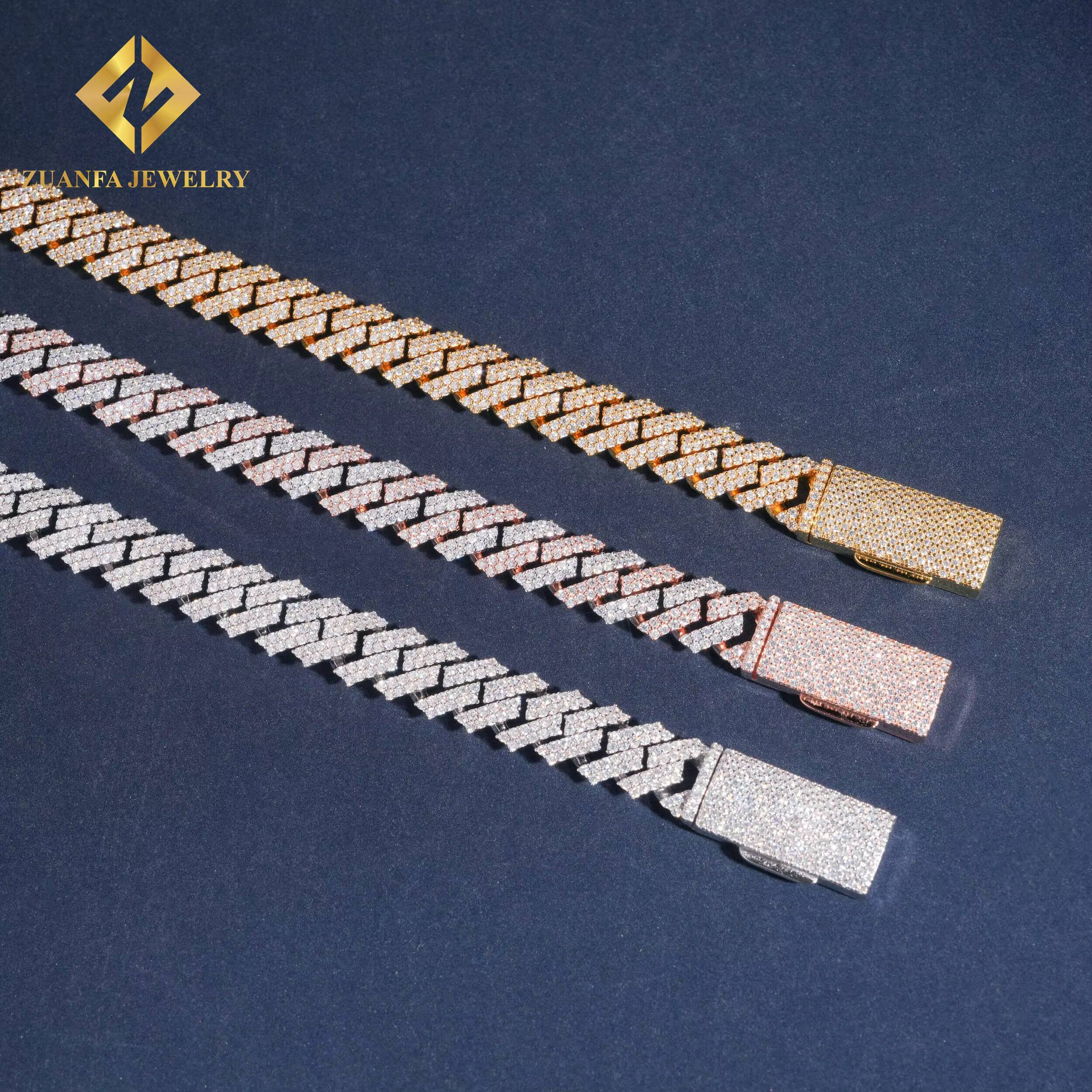 Pass Diamond Tester Moissanite 12mm Cuban Link Chain Mens Jewelry 925 Silver Gold Plated Hot Sale 2 Rows Moissanite Necklace