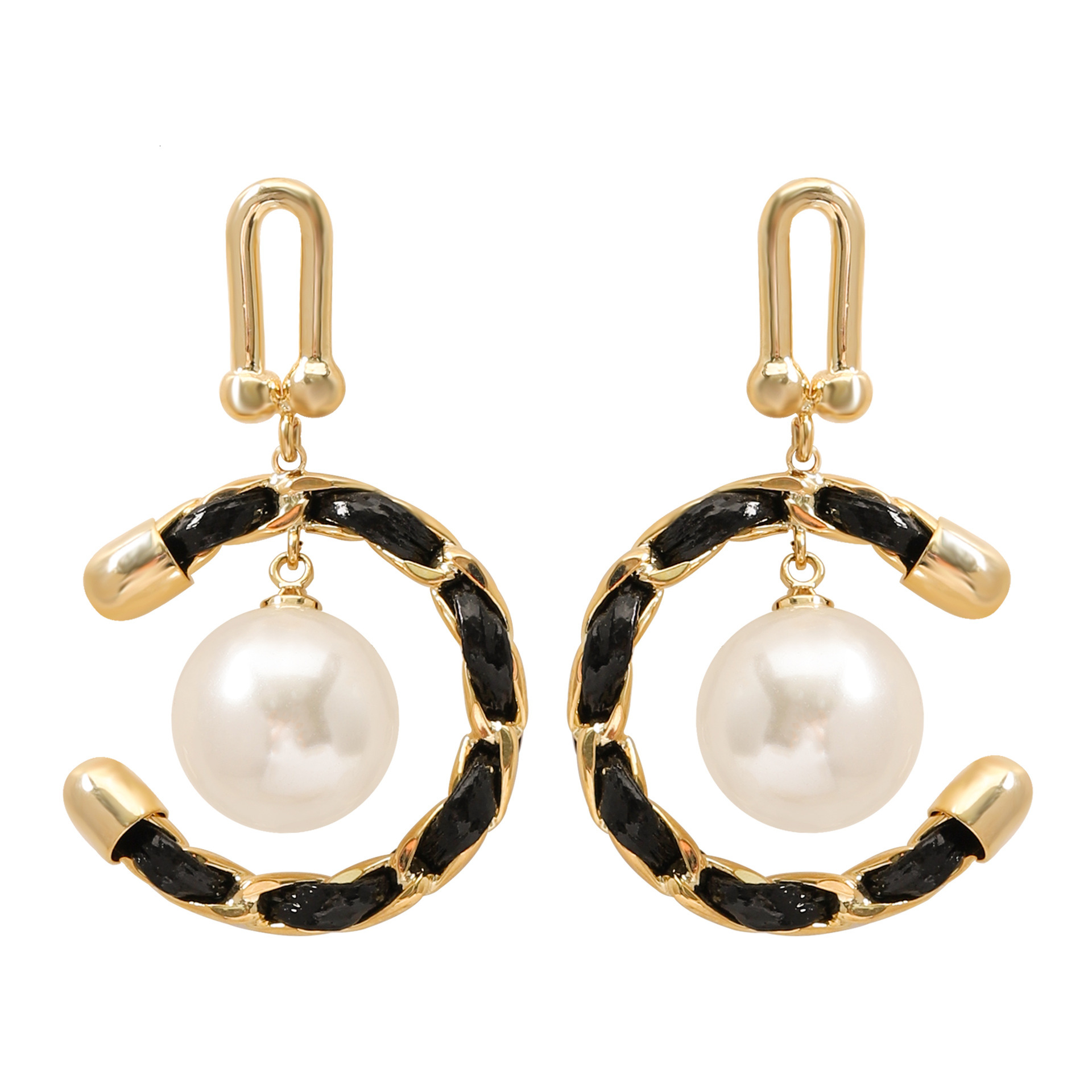 French Style Light Elegant -Style C-Shaped Leather Chain Pearl Earrings Gentle Temperament High-End Feel Sier Needle Ear Jewelry
