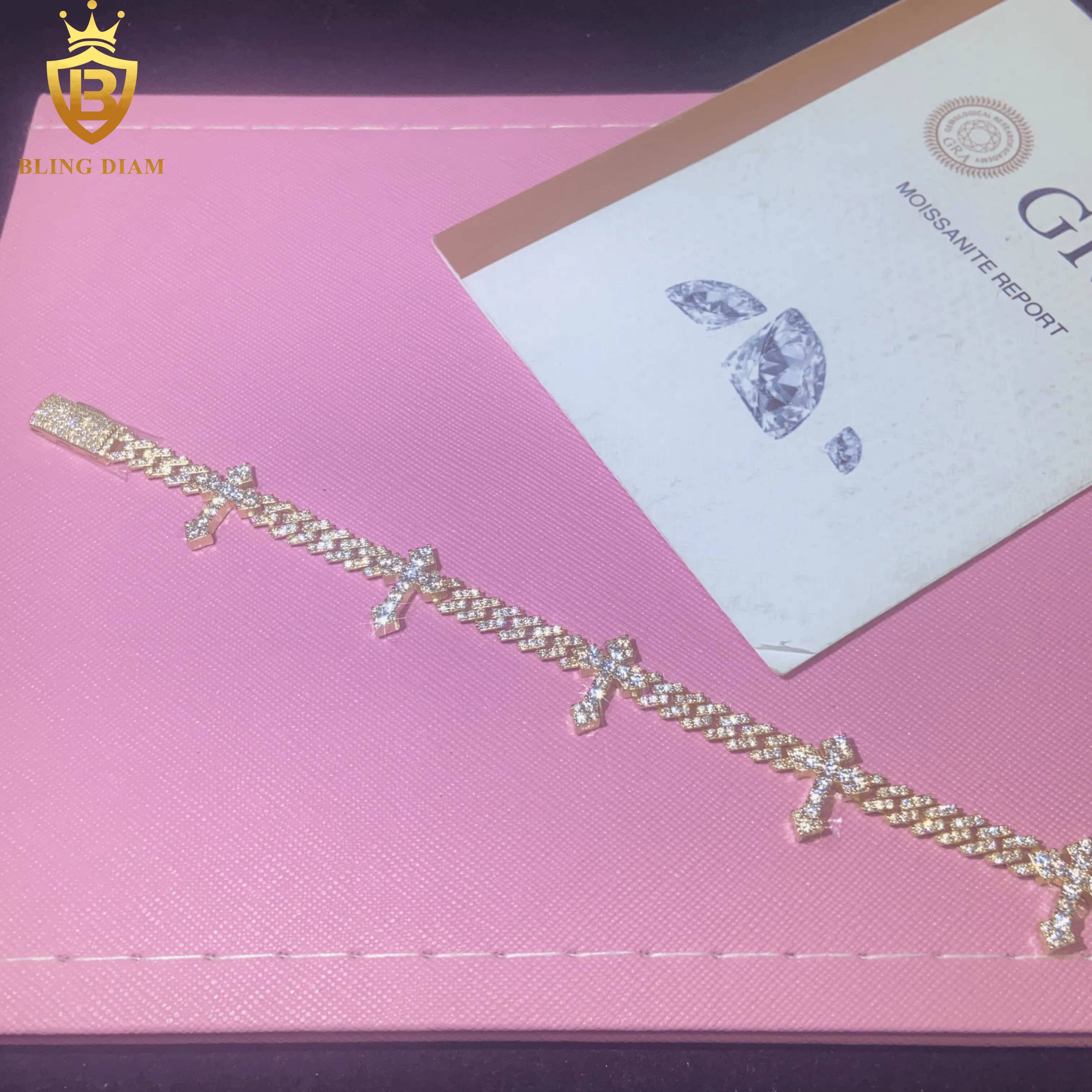 New Design Fashion Cross Bracelet 925 Sterling Silver Chain Moissanite Cuban Bracelet Men Women HipHop Style Pass Diamond Tester