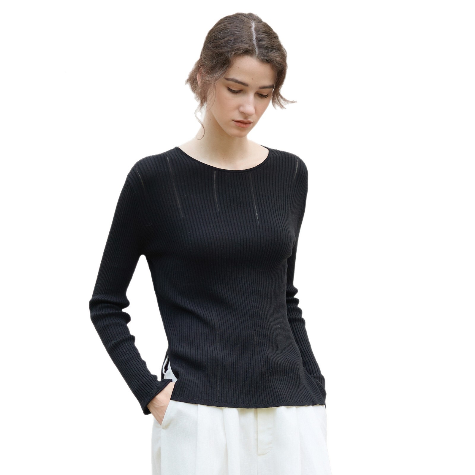 Tencel Wool Warm Long Sleeve Base Shirt Hollow Side Slit Design Knitted Sweater for Women Autumn Winter New Inner Wear