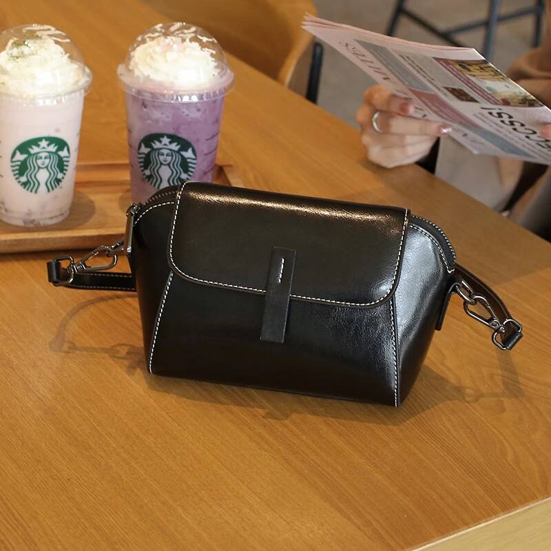 Oil Wax Cowhide Genuine Leather Crossbody Small For Women Fashionable Versatile Shoulder Shell Handbag Lady Casual Phone Bag