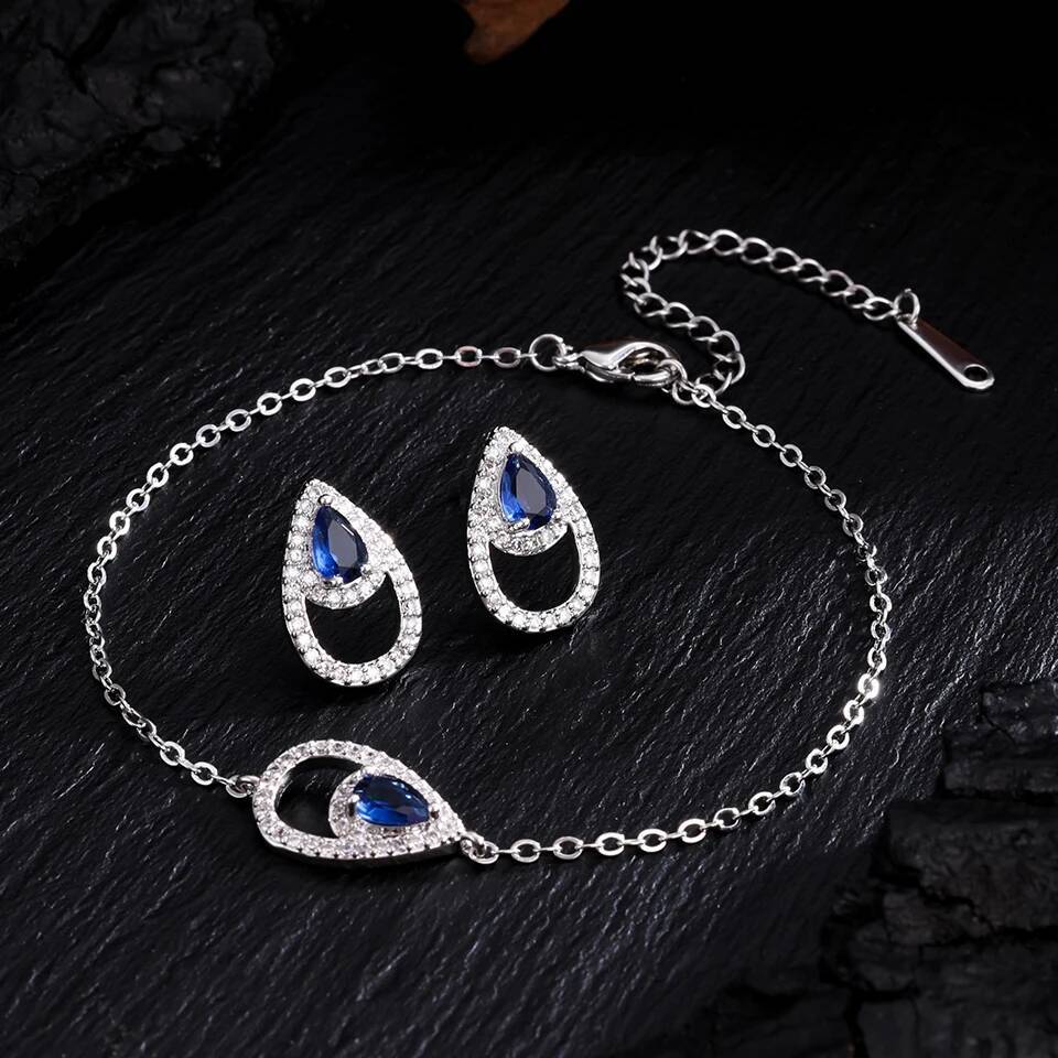 Blue Water Drop Zircon Earring Bracelet Set Micro Pave Cubic Zirconia Fashion Women Jewelry Sets Gift