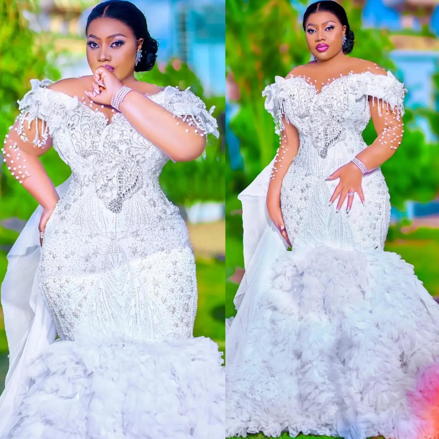Arabic Aso Ebi Plus Size Off White Mermaid Wedding Dresses 2025 Pearls Beaded Floral Lace Full Sleeves Luxurious Vintage Bridal Gowns Dress D594