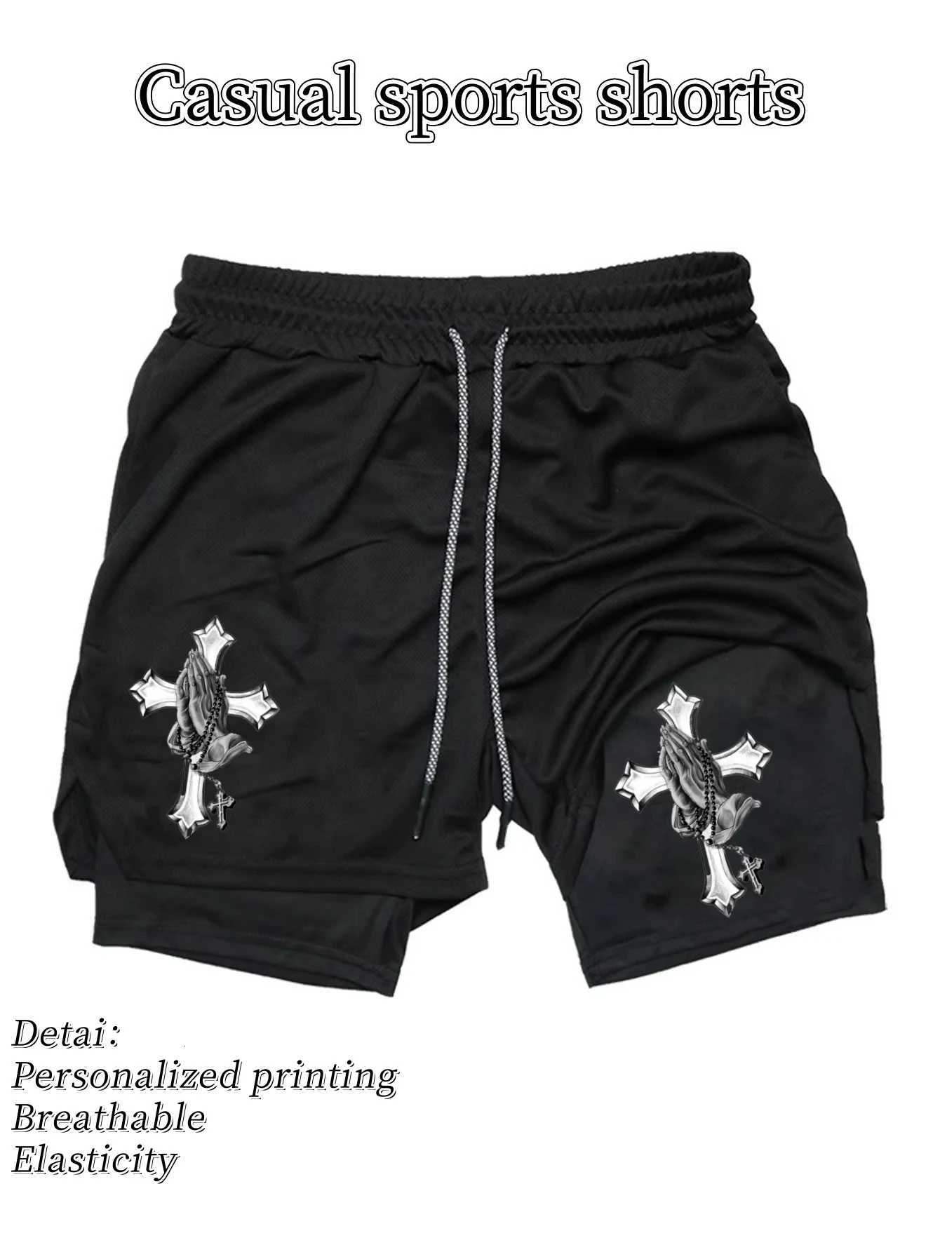 2025 fast drying double-layer sports shorts breathable summer mens modern lightweight running with Jesus print design Y250814