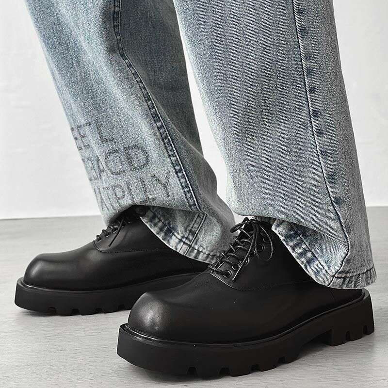 Square Toe Leather High-end Thick Soles, Korean Version Niche Design, Black Loafers For Men With High Height Derby Shoes