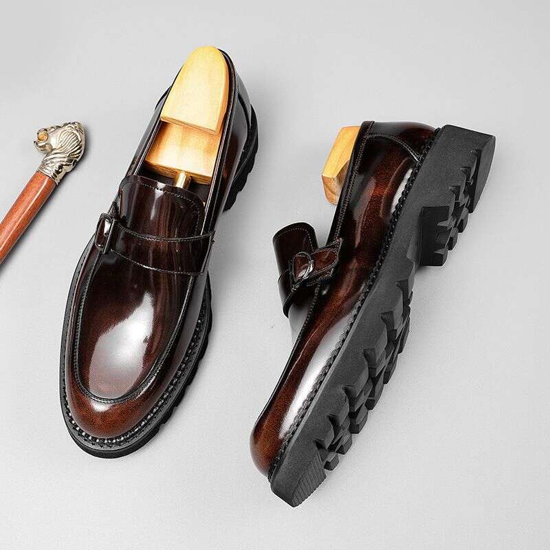 British Style Loafers For Men With Shiny Leather, Increased Height, Thick Sole, Casual One Foot Round Toe Leather Shoes,