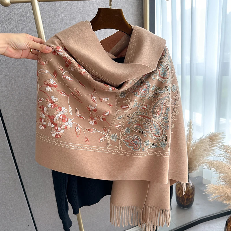Winter Embroidery Cashmere Scarves High Quality Women Thicken Wrap Shawl Ladies Warm Wool Pashmina Scarf 250808