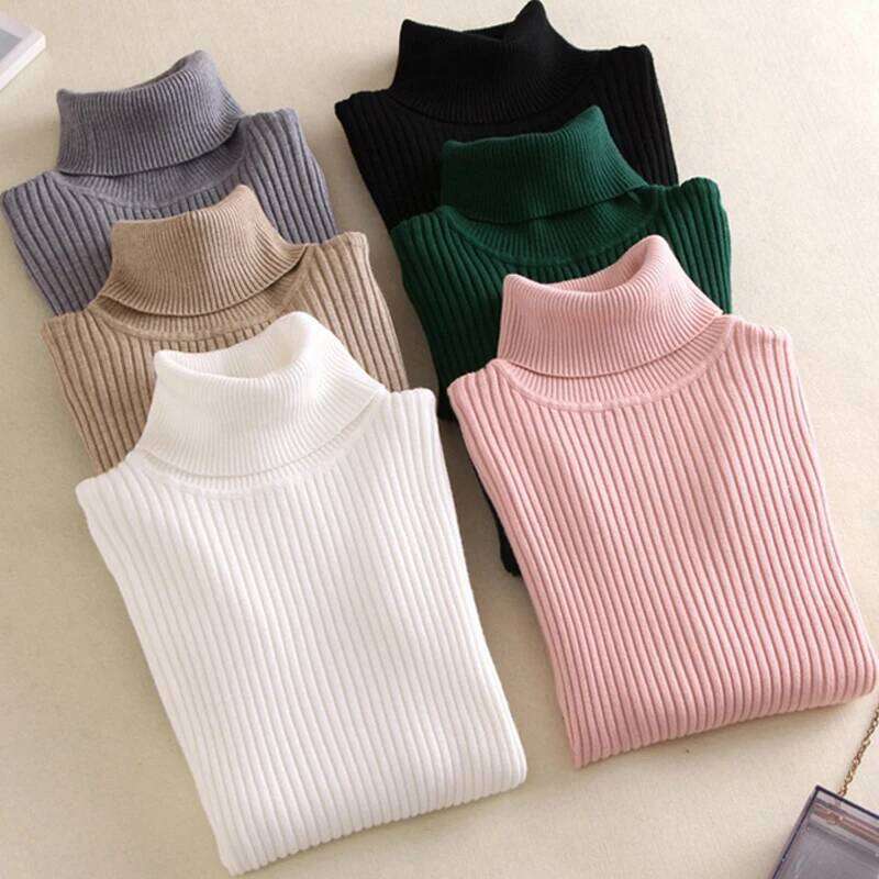 Autumn Winter Women Knit Solid Turtleneck Pull Sweater Casual Rib Jumper Tops Female Home Pullover Y2k Clothing 2025