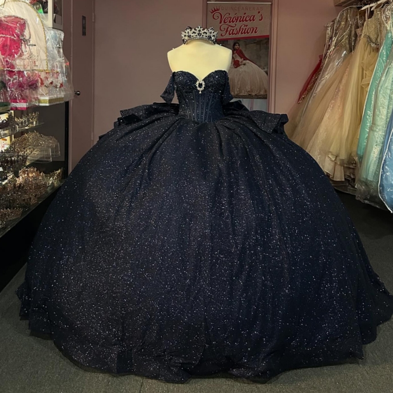 Black Shiny Princess Sweet 16 Dress Dress Quinceanera Dresses Sequin Beads Bow Corset Party Birthday Vestido De 15 Anos Ball Gowns