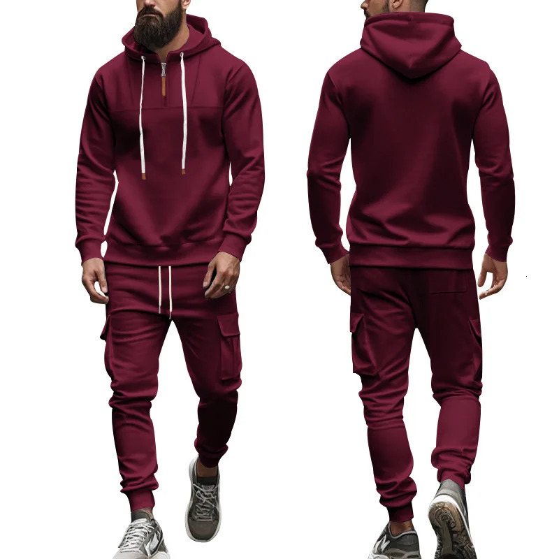 Mens fleece lined hooded tracksuit set long sleeve sweatshirt joggers crossborder sportswear for autumn winter casual wear 250814