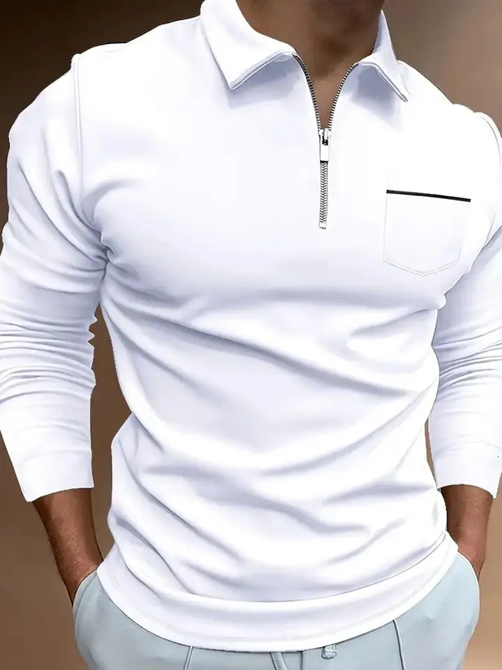 Spring Autumn Solid Color Long Sleeve Polo Shirt Zipper Pocket Lapel Mens Casual Sports Top Men 250814