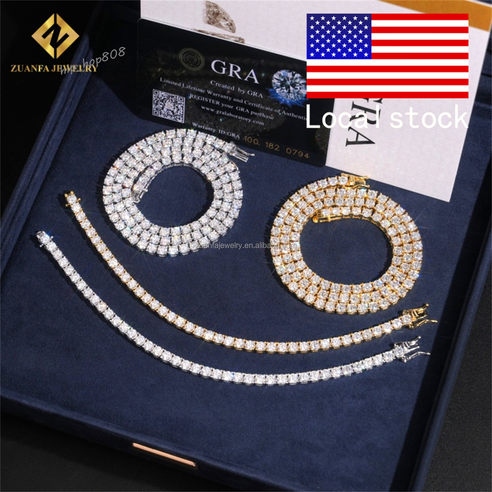 Ship From USA Hot Selling Iced Out Hip Hop Silver S925 4mm VVS1 Moissanite Diamond GRA Certificate Tennis Chain Bracelet Set