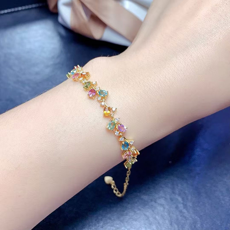 925 silver bracelet 925 silver tourmaline bracelet 3mm*4mm natural tourmaline jewelry for vacation 18K gold plated silver multi-color gemstone bracele