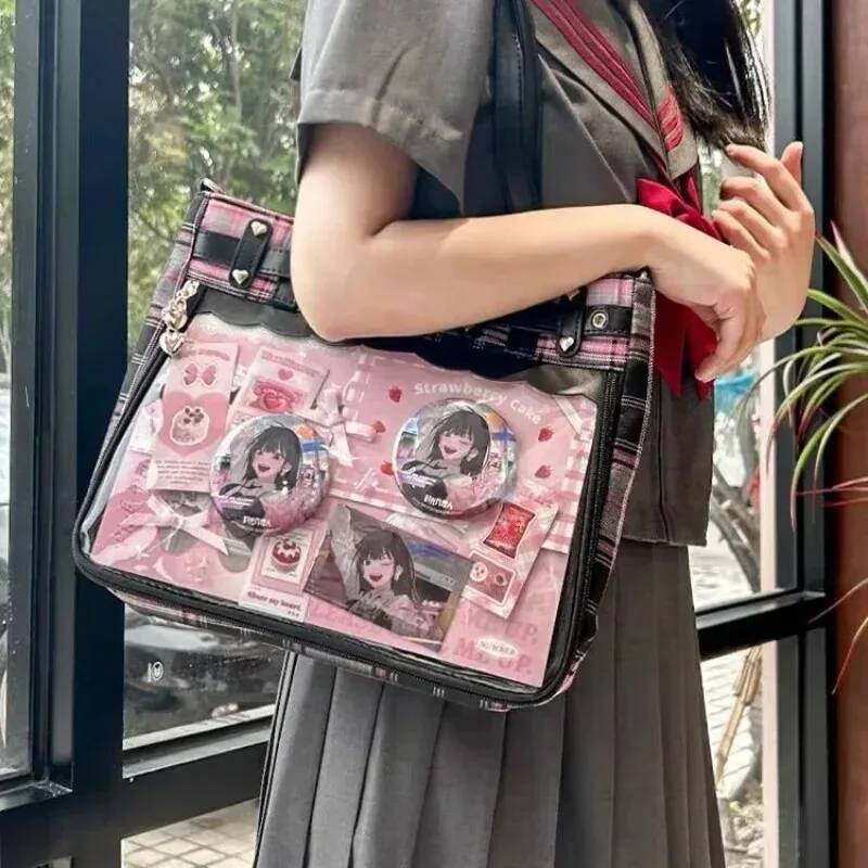 Women Fashion Checkered Pattern Retro Ita Cute Girl Transparent Large Capacity Tote DIY Display Handbag New Shoulder Bag