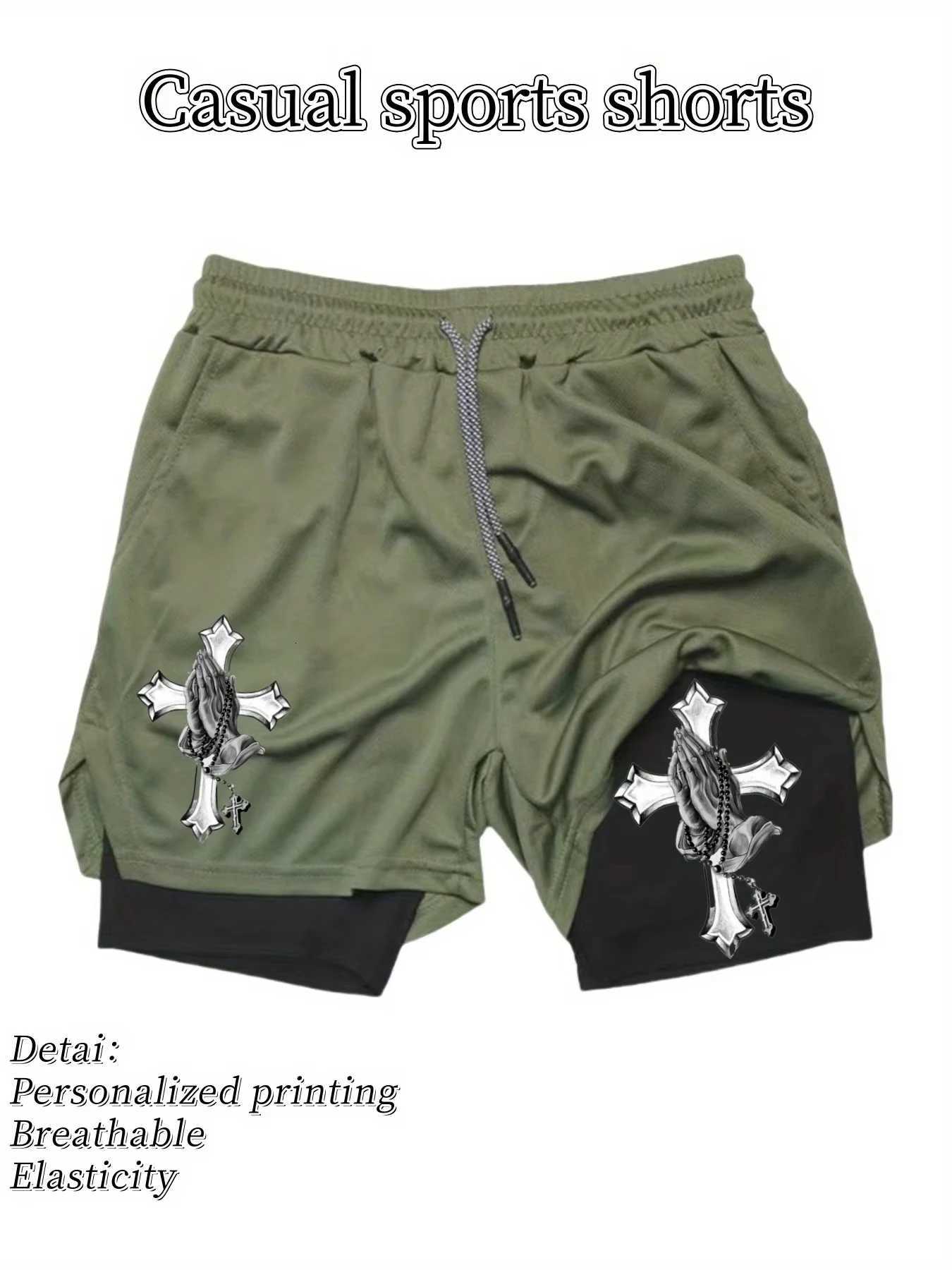 2025 fast drying double-layer sports shorts breathable summer mens modern lightweight running with Jesus print design Y250814