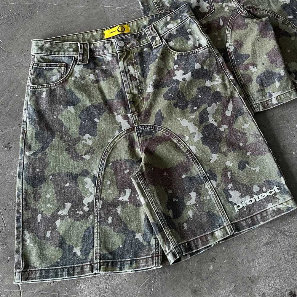 Retro Leaves Camouflage Denim Shorts Y2K Jeans Men Hip Hop Lettering Embroidery Retro Baggy Shorts Low Waist Over The Knee Pants Y250814