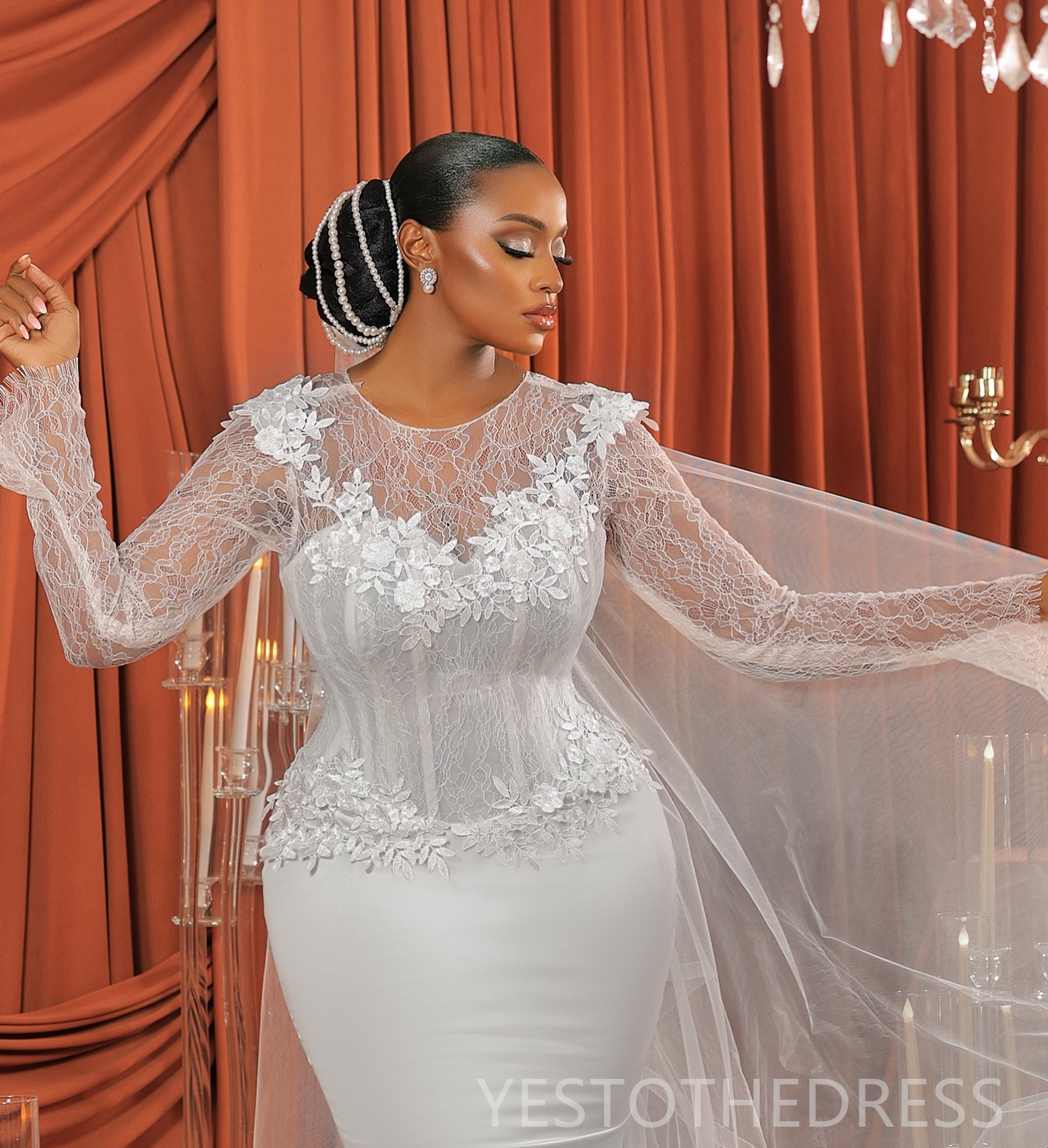 2025 Plus Size African Wedding Dress Bridal Gowns For Bride Sheer Neck Beaded Pearls Tiered Tulle Beaded Lace Rhinestones Wedding Gowns For Black Wome