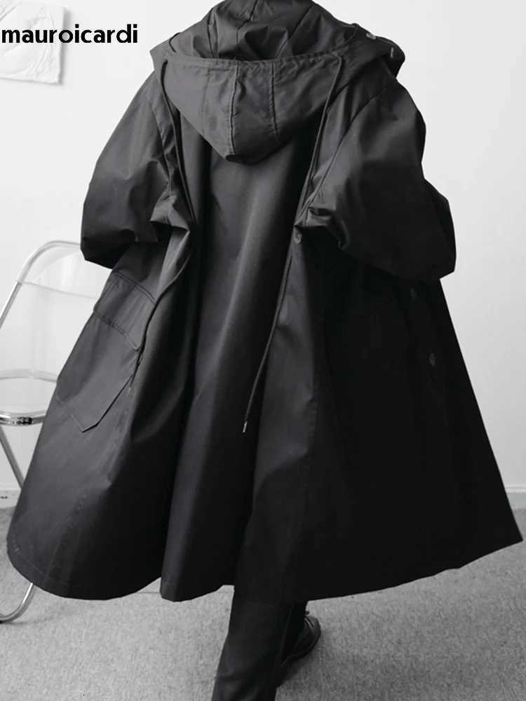 Mauroicardi Spring Autumn Long Black Khaki Oversized Trench Coat Men with Hood Pockets Loose Casual Windproof Windbreaker 2023 W250815